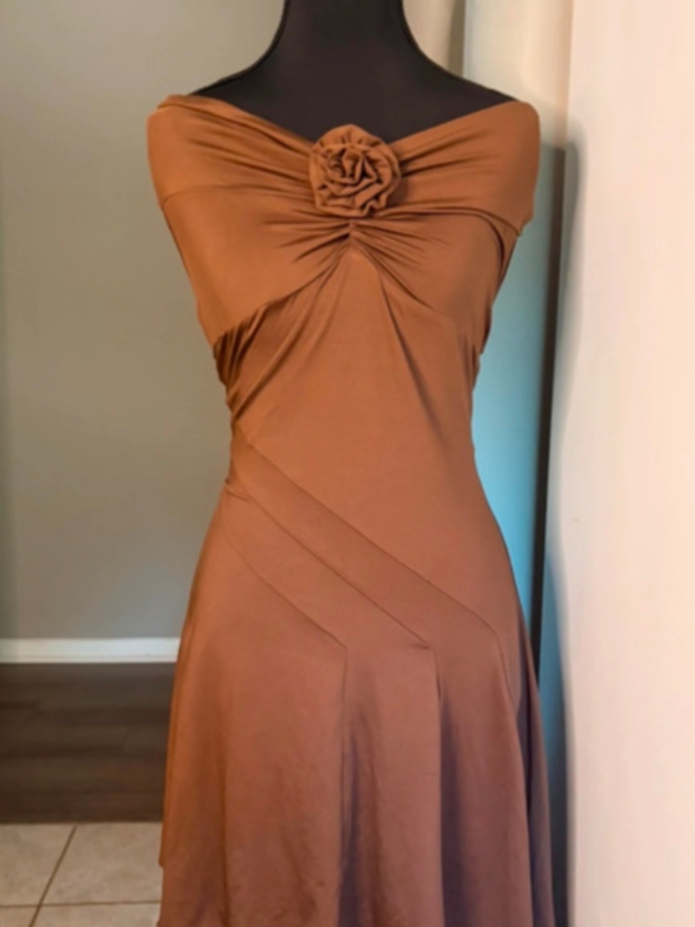 Rust Brown Off-Shoulder Floral Detail Dress